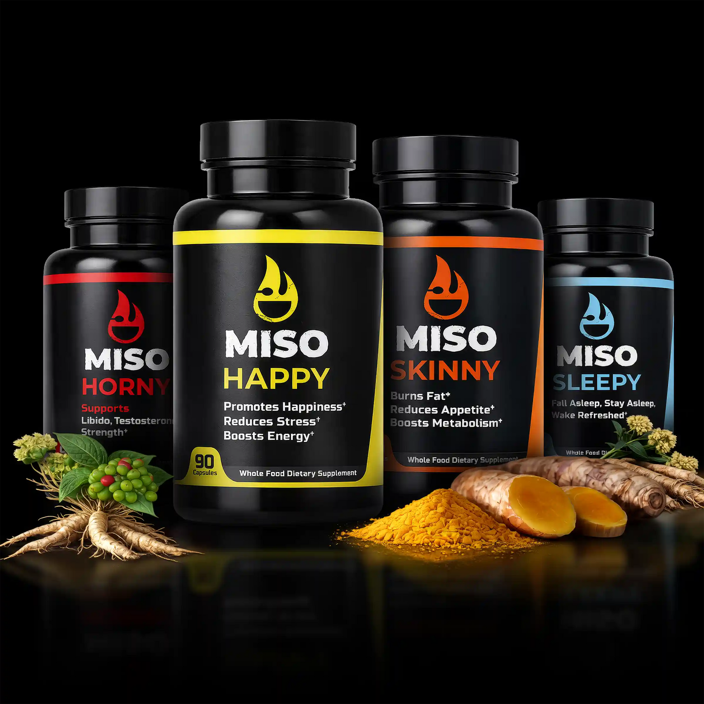 Bundle shot of four MISO supplement bottles with associated ingredients laying next to bottles on a dark background