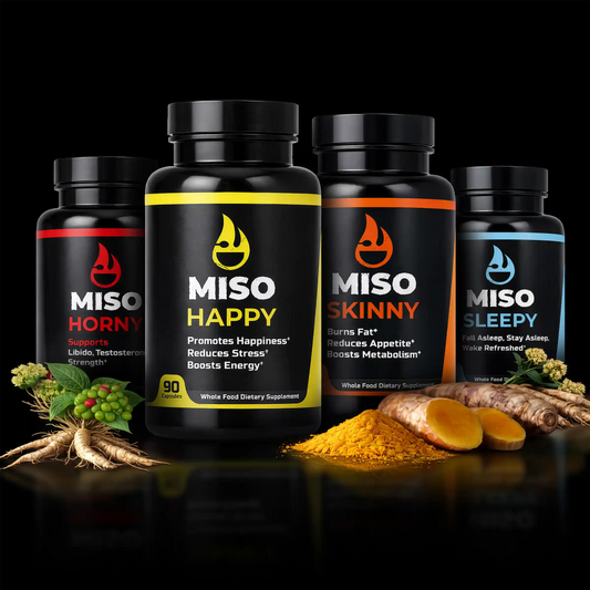 Bundle shot of four MISO supplement bottles with associated ingredients laying next to bottles on a dark background