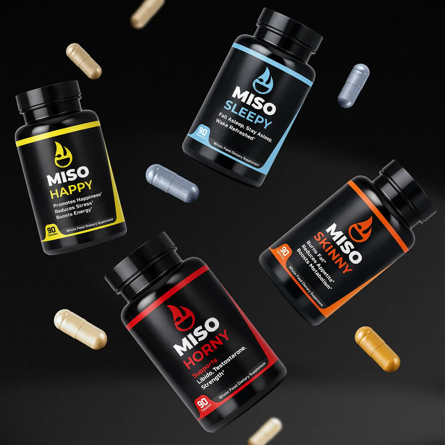 Miso supplement bottles falling from top of frame with capsules dynamically surrounding bottles on a black background