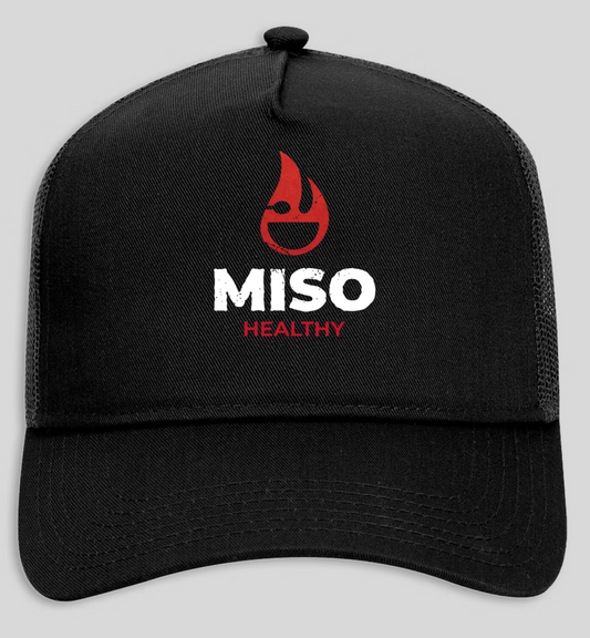 Black cap with MISO Healthy logo on a light gray background
