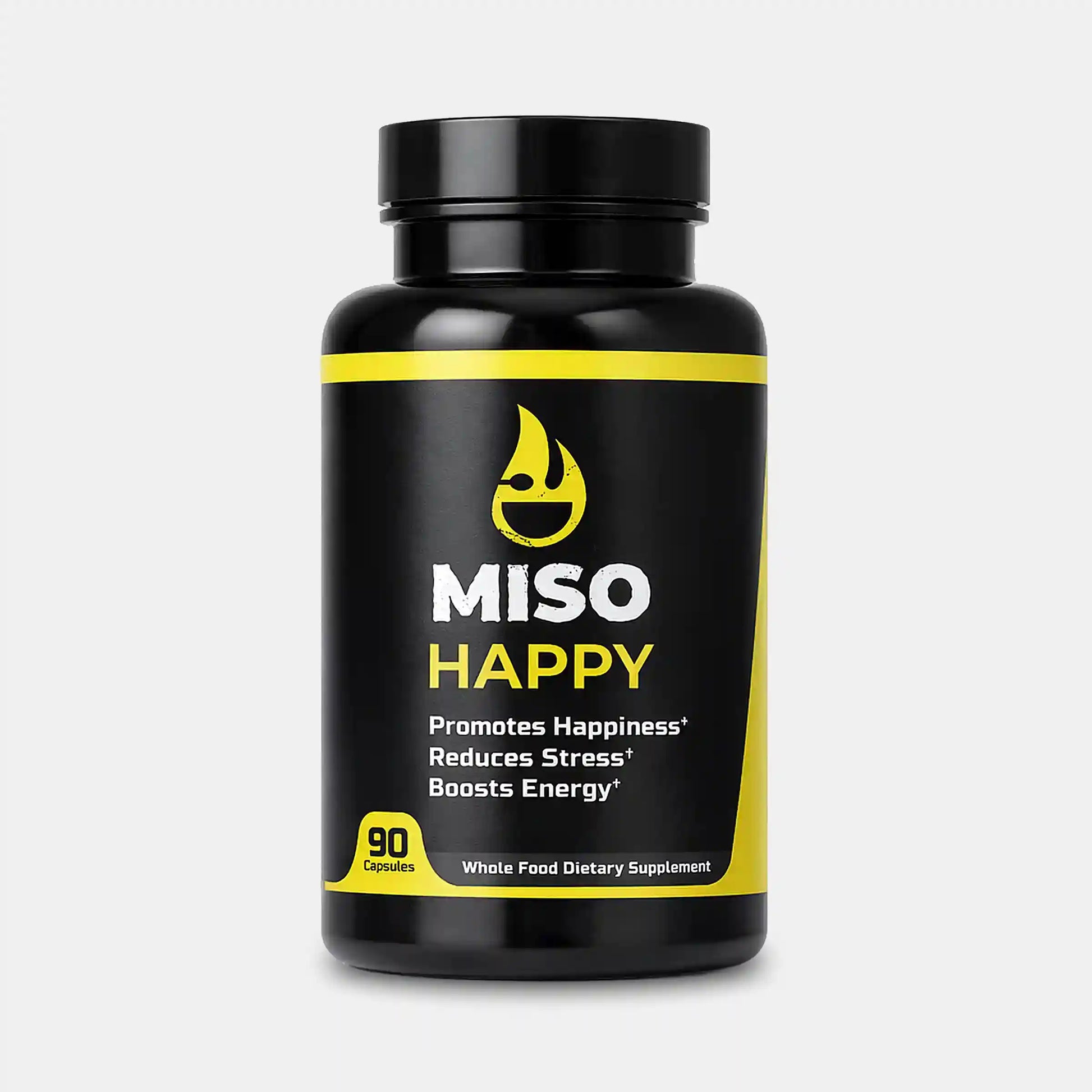 Black supplement bottle labeled 'MISO HAPPY' with yellow accents on a white background