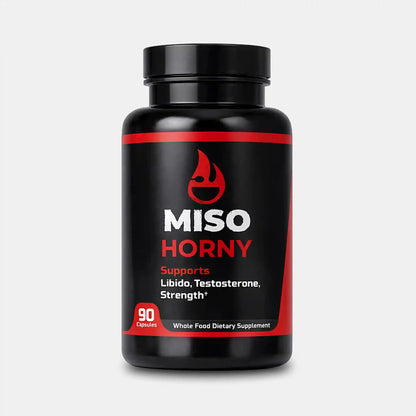 Black supplement bottle labeled 'MISO Horny' on a white background