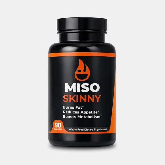 Black supplement bottle labeled 'MISO SKINNY' on a white background