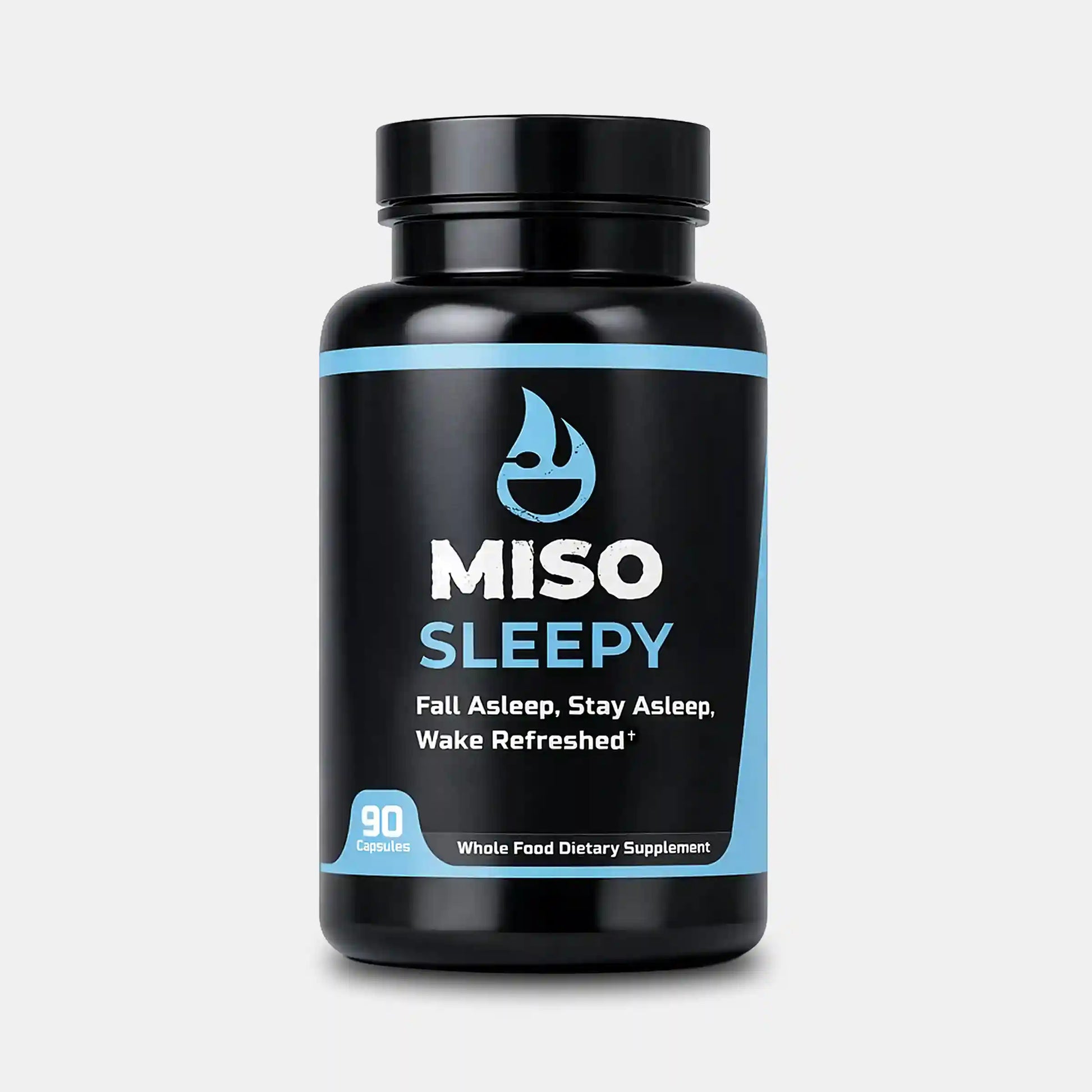 Black supplement bottle labeled 'MISO Sleepy' on a white background
