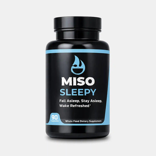 Black supplement bottle labeled 'MISO Sleepy' on a white background