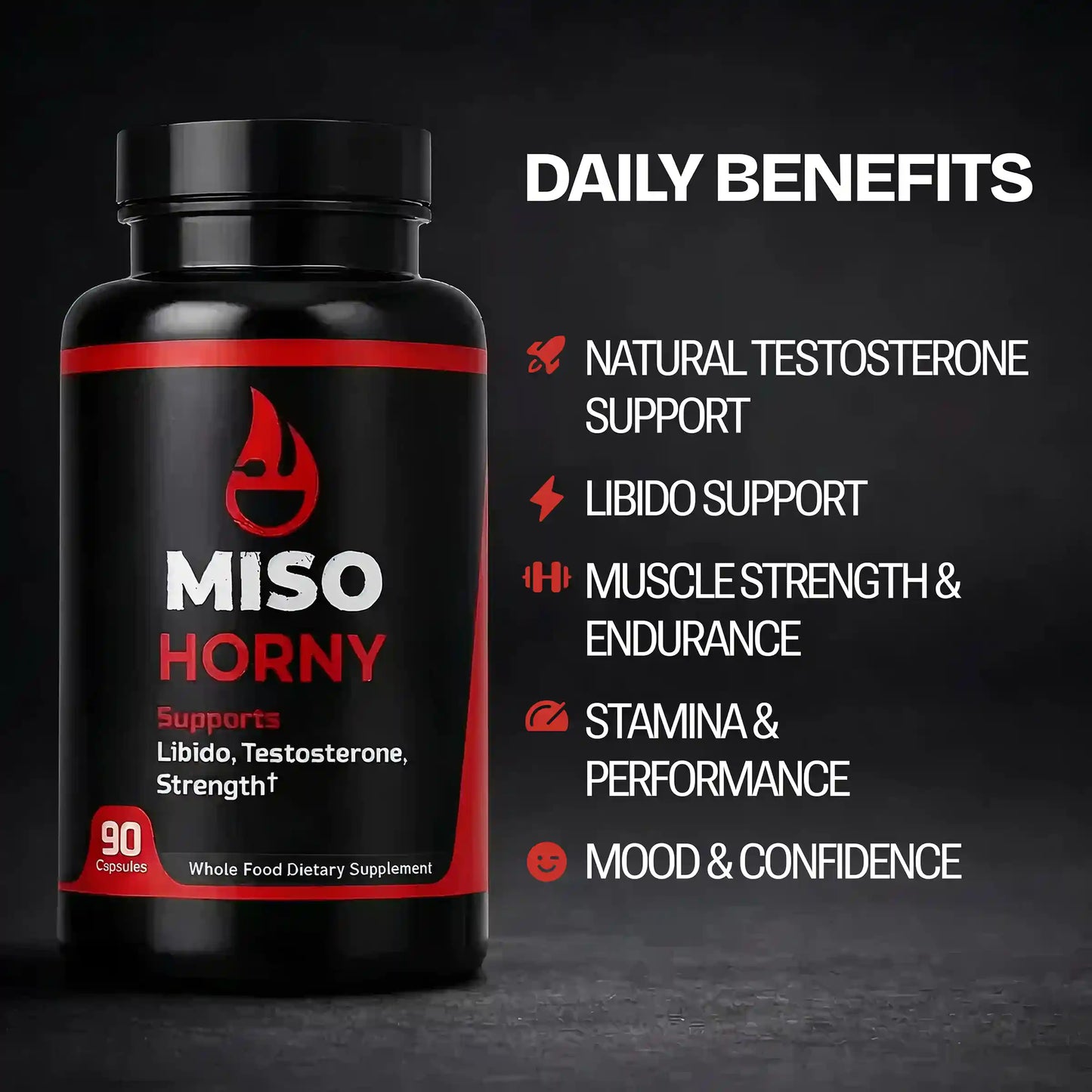 Supplement bottle labeled 'MISO HORNY' with benefits listed on a dark background with natural ingredients in Miso Horny supplement blend listed.