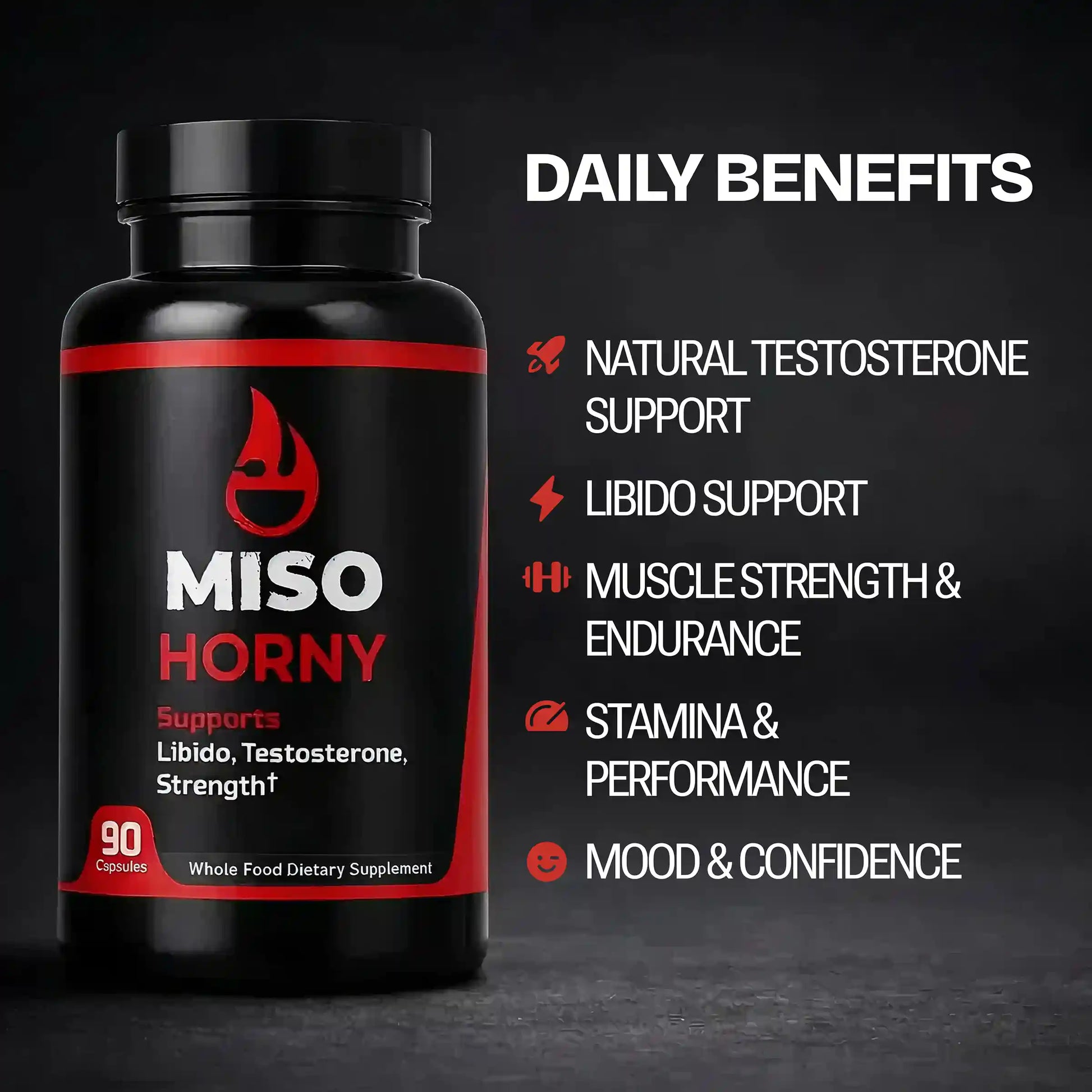 Supplement bottle labeled 'MISO HORNY' with benefits listed on a dark background with natural ingredients in Miso Horny supplement blend listed.