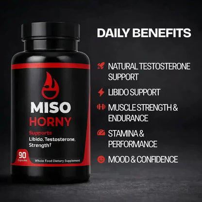 Supplement bottle labeled 'MISO HORNY' with benefits listed on a dark background with natural ingredients in Miso Horny supplement blend listed.