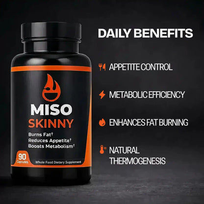 Bottle of MISO SKINNY supplement with daily benefits listed on a dark background with natural ingredients in Miso Skinny supplement blend listed.