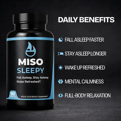 MISO Sleepy supplement bottle with daily benefits listed on a dark background