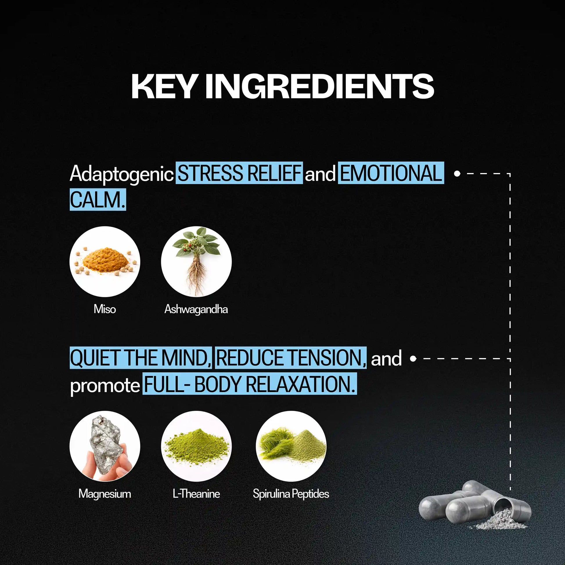 Key ingredients for stress relief and emotional calm on a black background