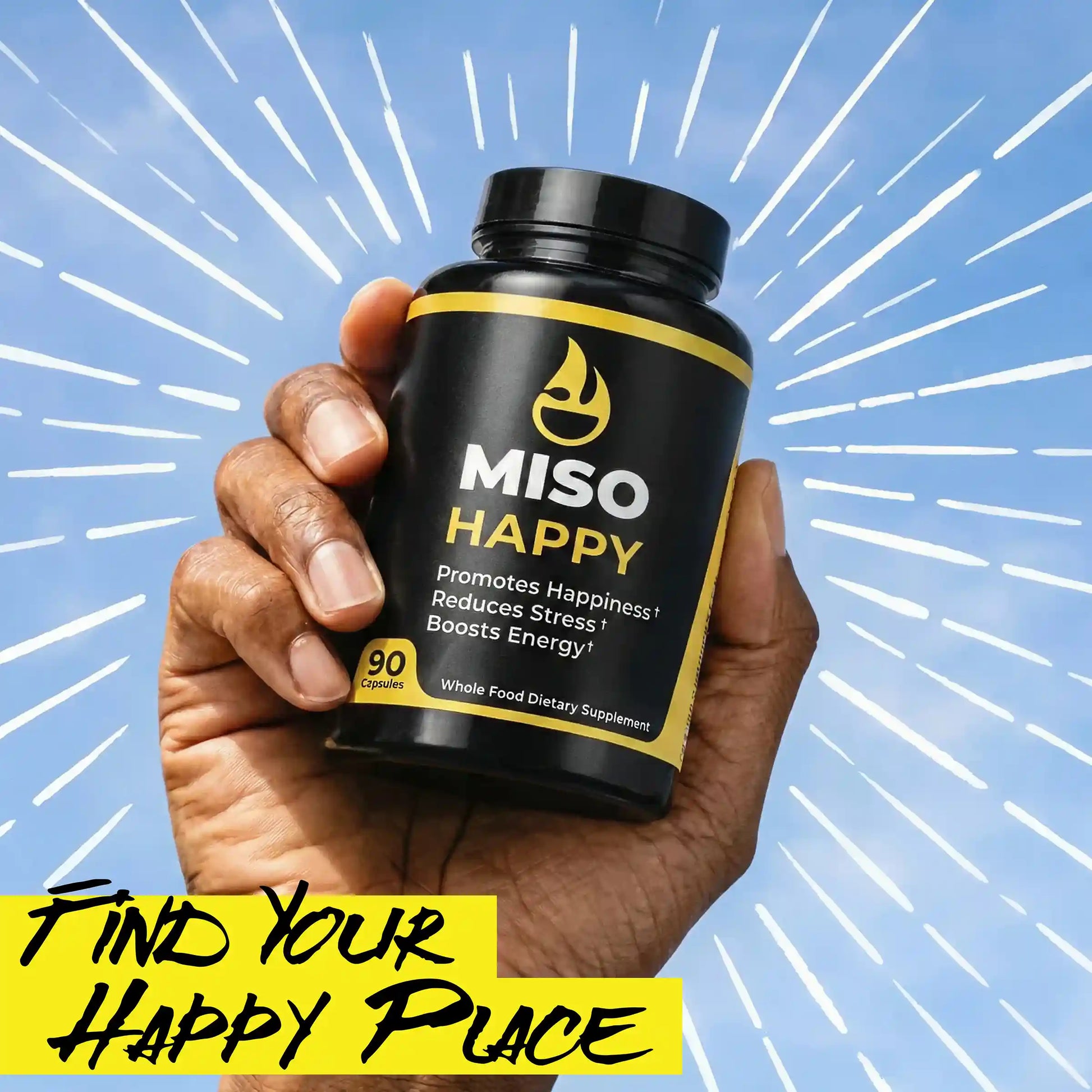 Hand holding a bottle of MISO HAPPY supplements with a blue background and text.