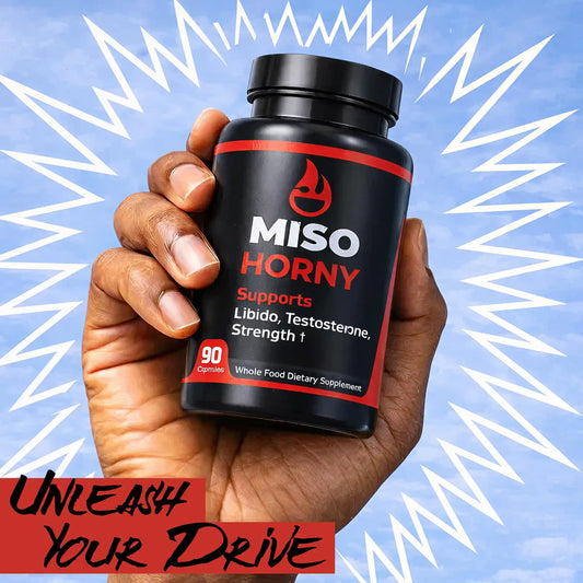 Hand holding a bottle of MISO Horny supplement with a blue background and text.
