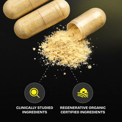 Capsule with ground powder spilling out on a black background, with icons and text indicating clinically studied and regenerative organic ingredients.