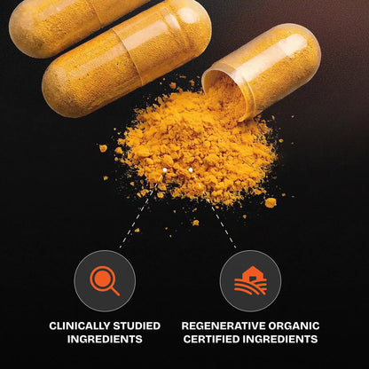 Yellow powder spilling from an open capsule on a black background with certification icons and text.