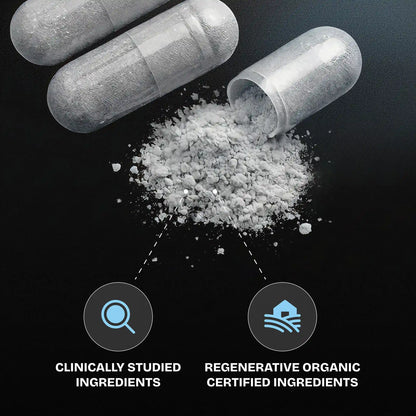 Capsule with powder spilling out on a black background, labeled with 'Clinically Studied Ingredients' and 'Regenerative Organic Certified Ingredients'.