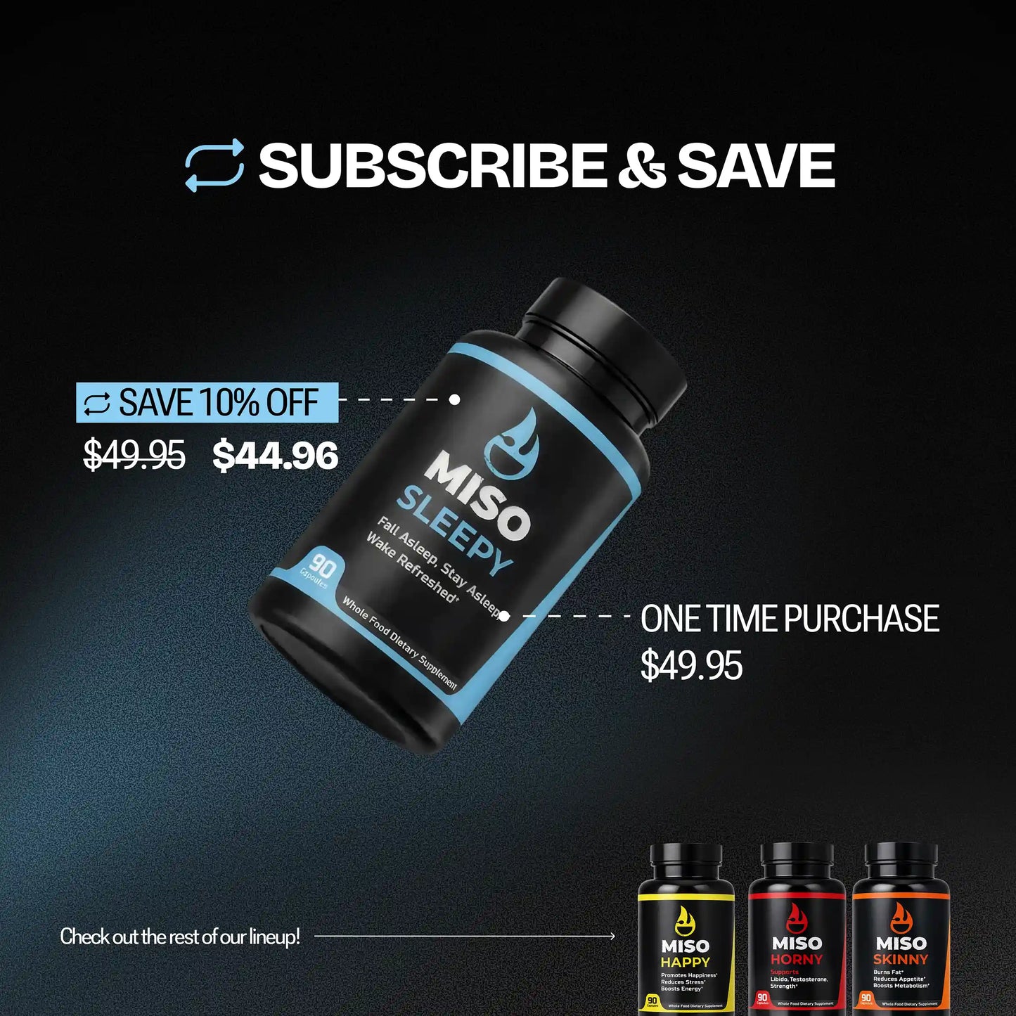 MISO Sleepy supplement bottle with subscribe & save 10% promotional text on a dark background