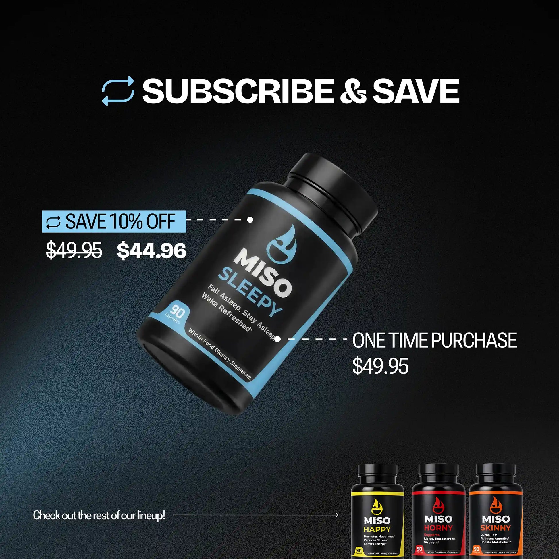 MISO Sleepy supplement bottle with subscribe & save 10% promotional text on a dark background