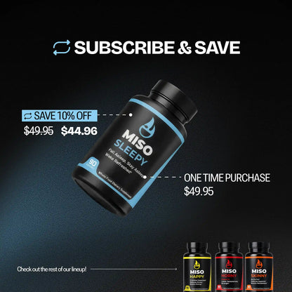 MISO Sleepy supplement bottle with subscribe & save 10% promotional text on a dark background