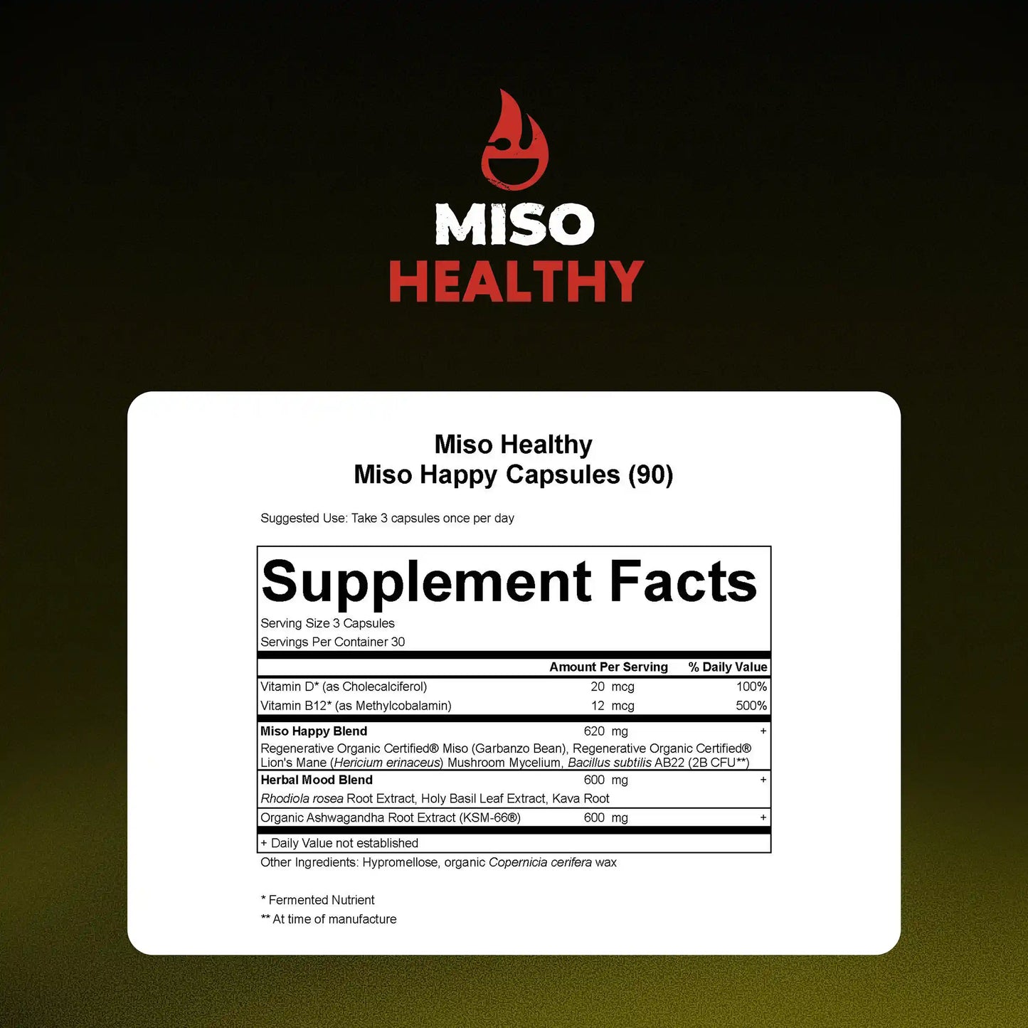 Supplement facts label for Miso Healthy Miso Happy Capsules on a black background with the Miso Healthy logo.