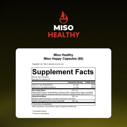Supplement facts label for Miso Healthy Miso Happy Capsules on a black background with the Miso Healthy logo.