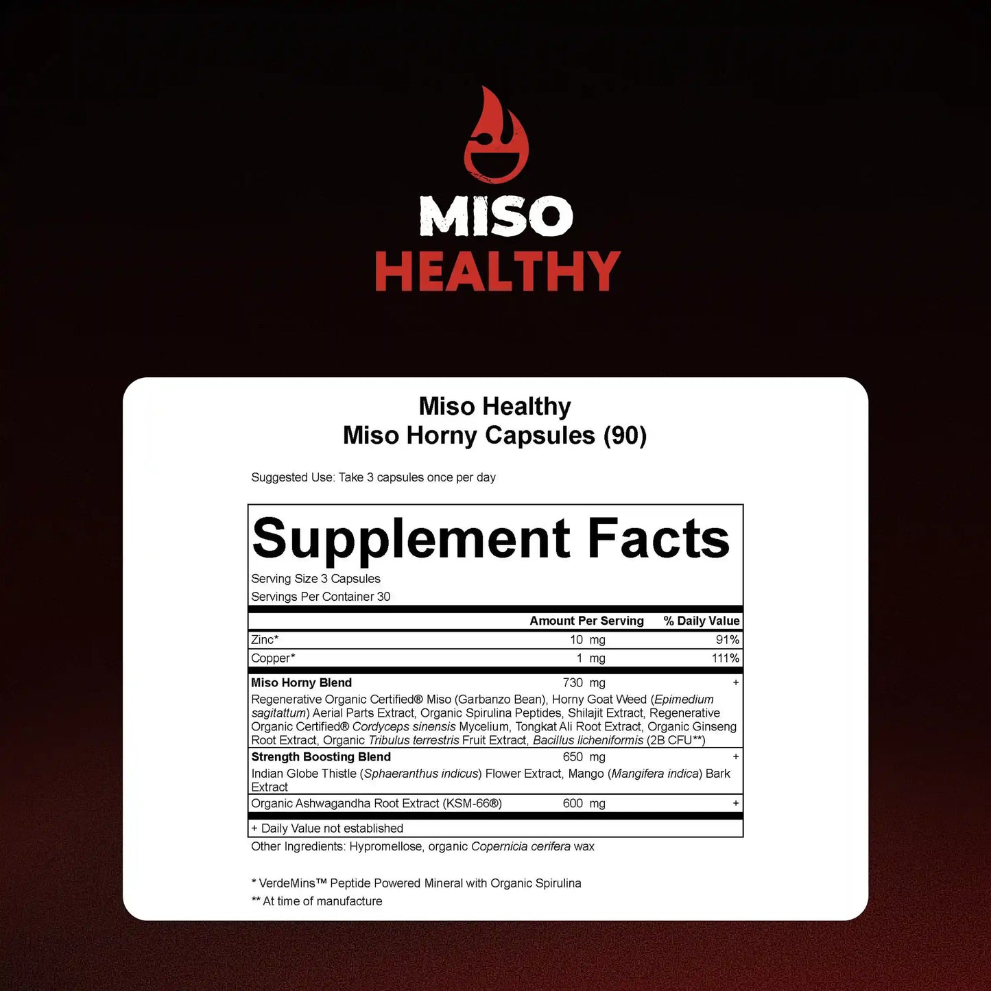 Supplement facts label for Miso Healthy Miso Horny capsules on a black background
