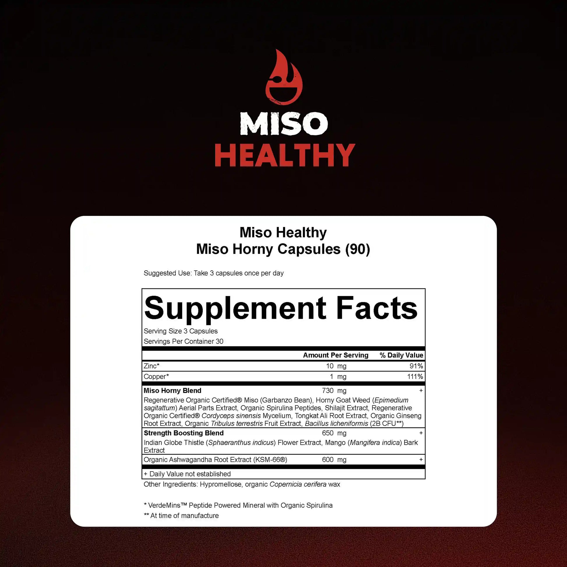 Supplement facts label for Miso Healthy Miso Horny capsules on a black background