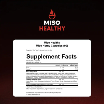 Supplement facts label for Miso Healthy Miso Horny capsules on a black background