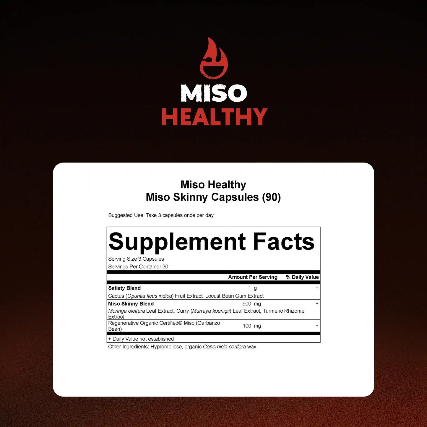 Supplement facts label for Miso Healthy Miso Skinny Capsules on a dark background with Miso Healthy logo.