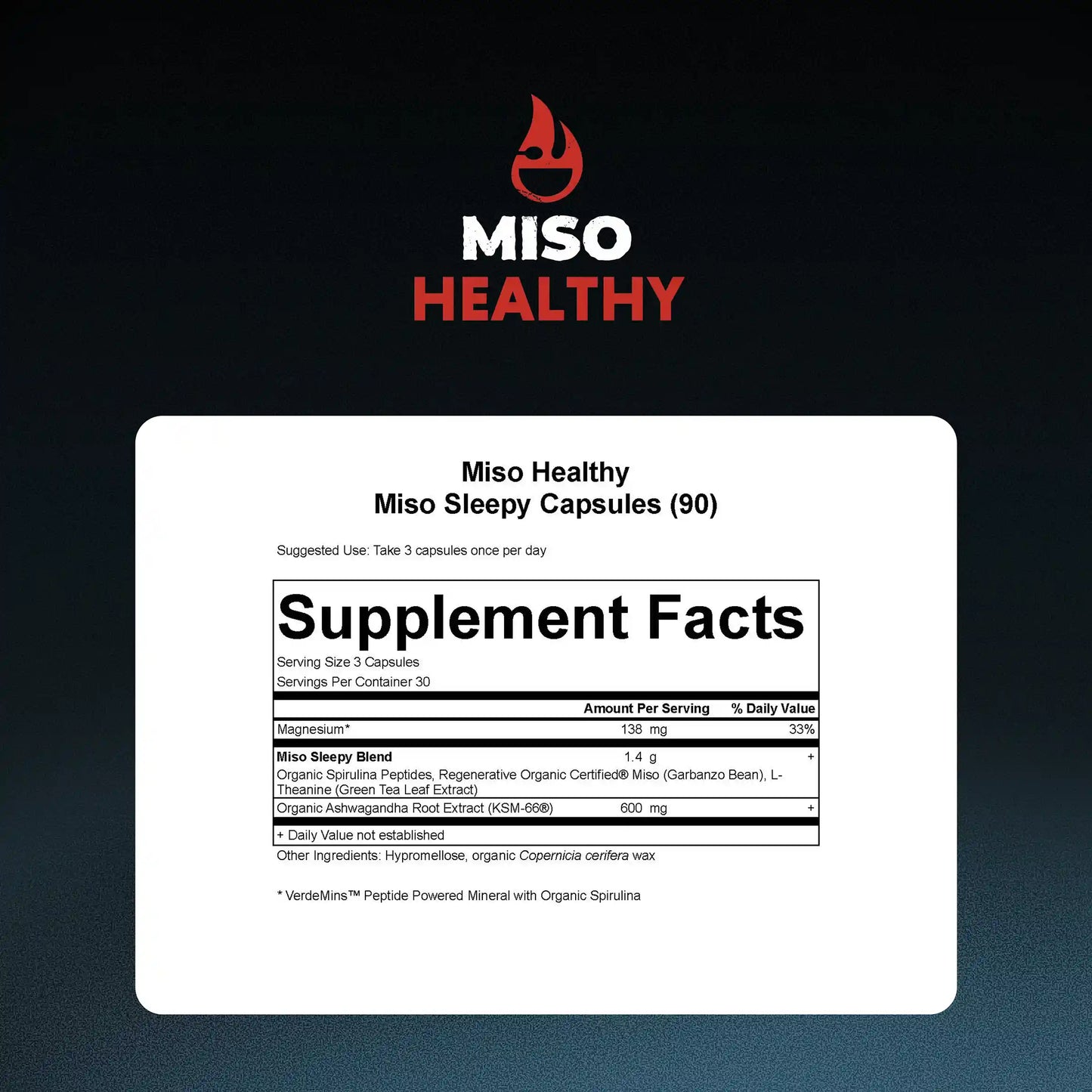 Supplement facts label for Miso Healthy Miso Sleepy Capsules with supplement facts on a dark background.