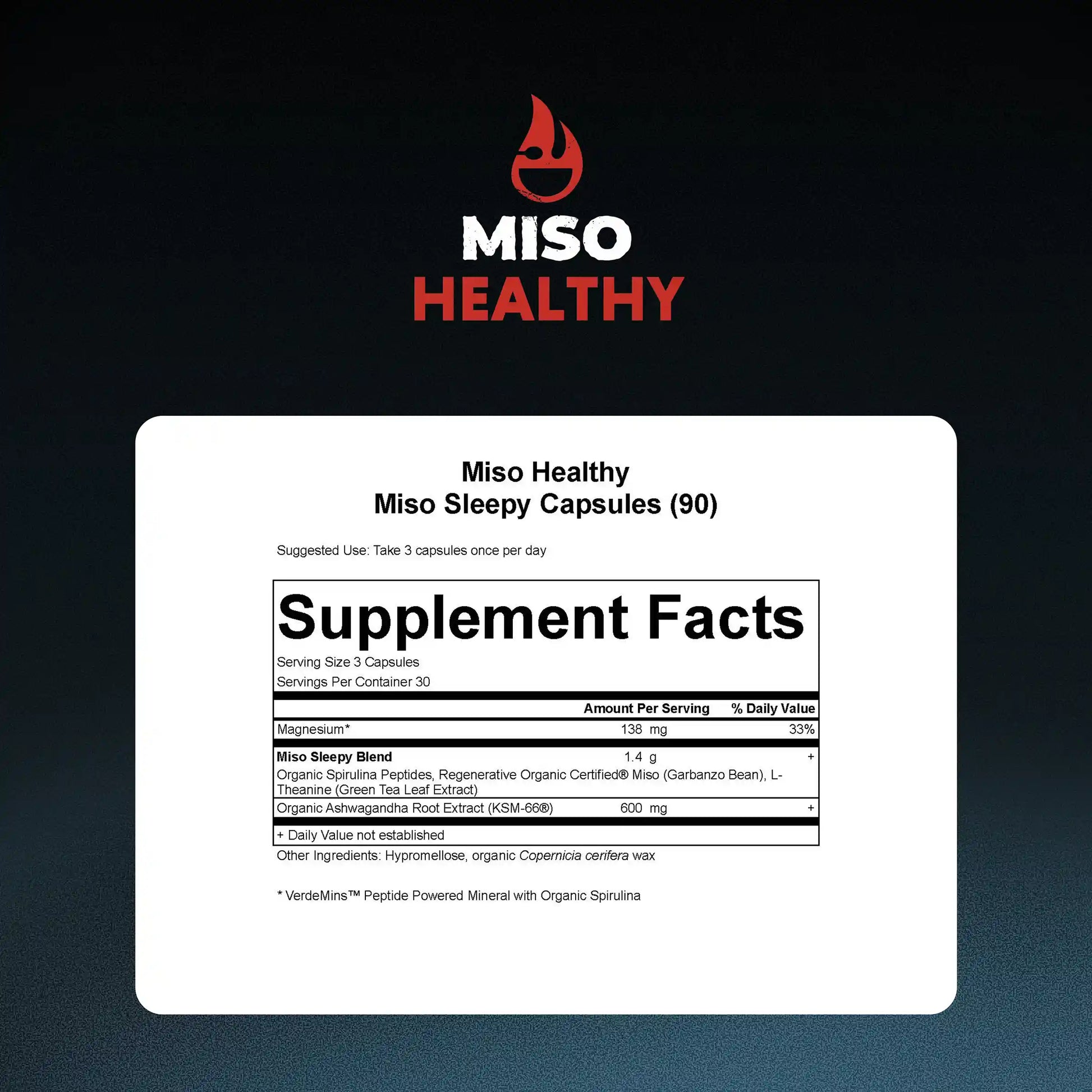 Supplement facts label for Miso Healthy Miso Sleepy Capsules with supplement facts on a dark background.